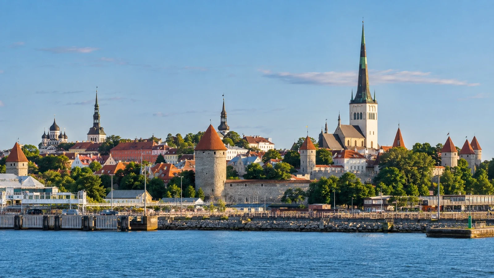 Tallinn's medieval old town towers seen from the Baltic harbor