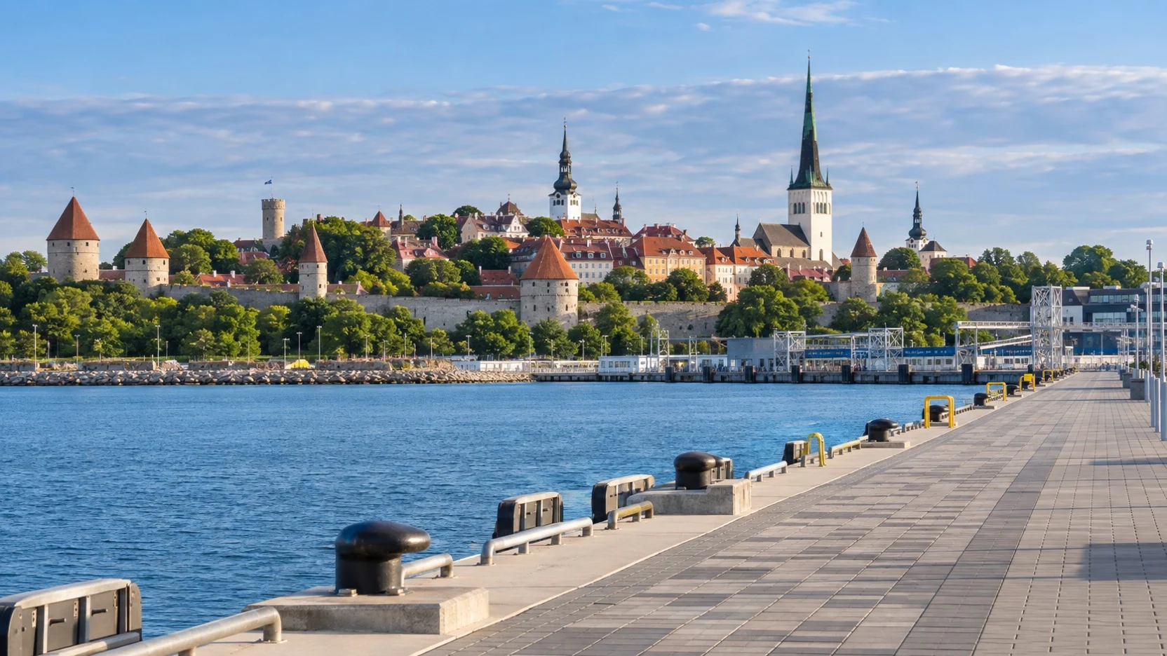 Empty paved harbor walkway overlooking Tallinn’s medieval old town