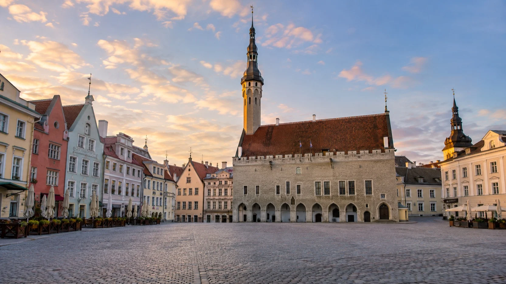 Empty Town Hall Square amid Tallinn’s medieval Old Town