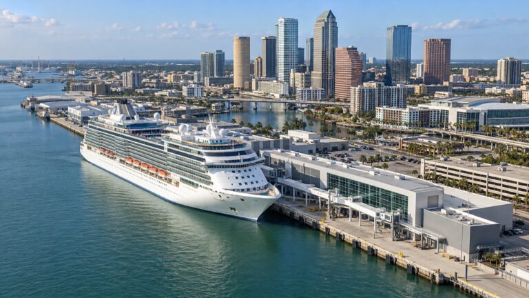 Cruise ships at Port Tampa Bay terminals beside downtown Tampa