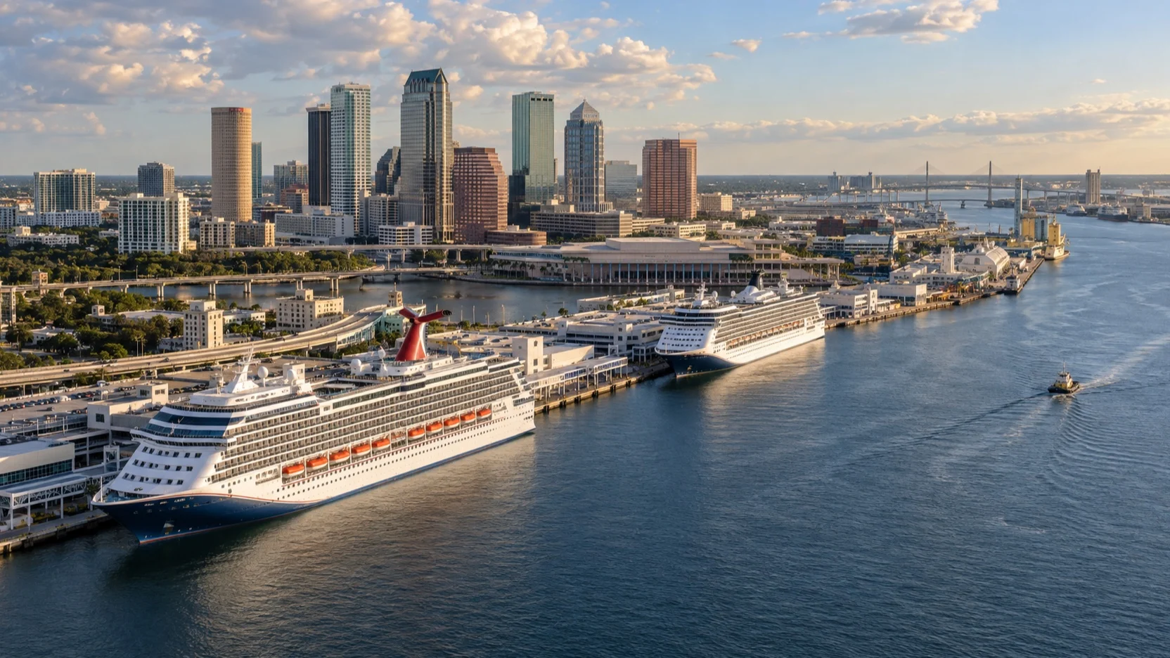 Aerial view of downtown Tampa and its cruise terminals