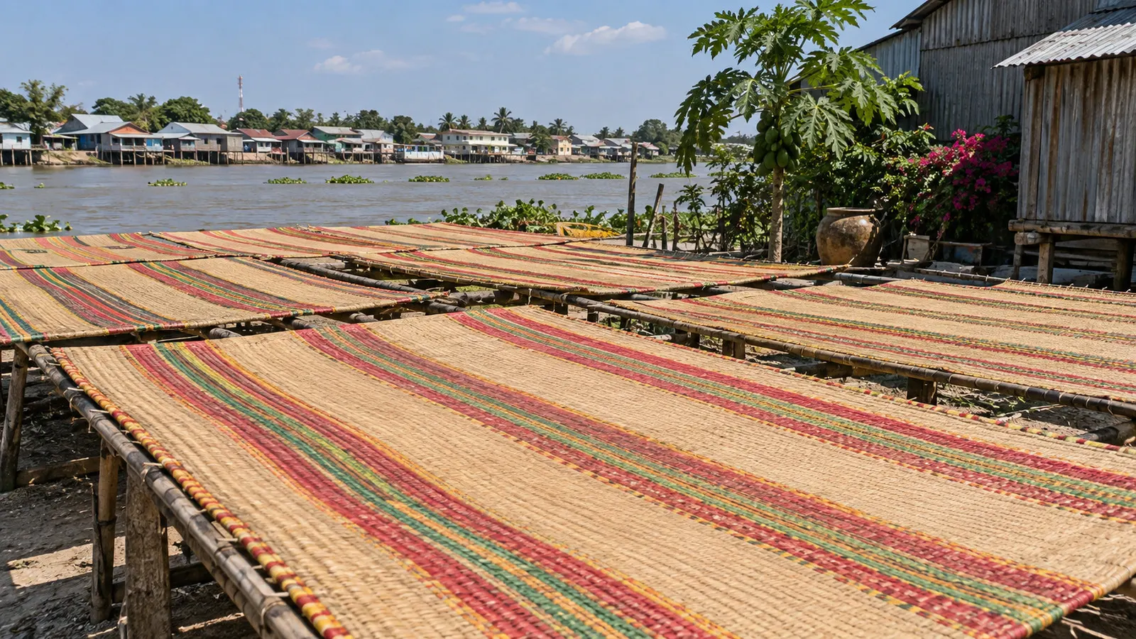 Traditional woven mats drying in Tân Châu