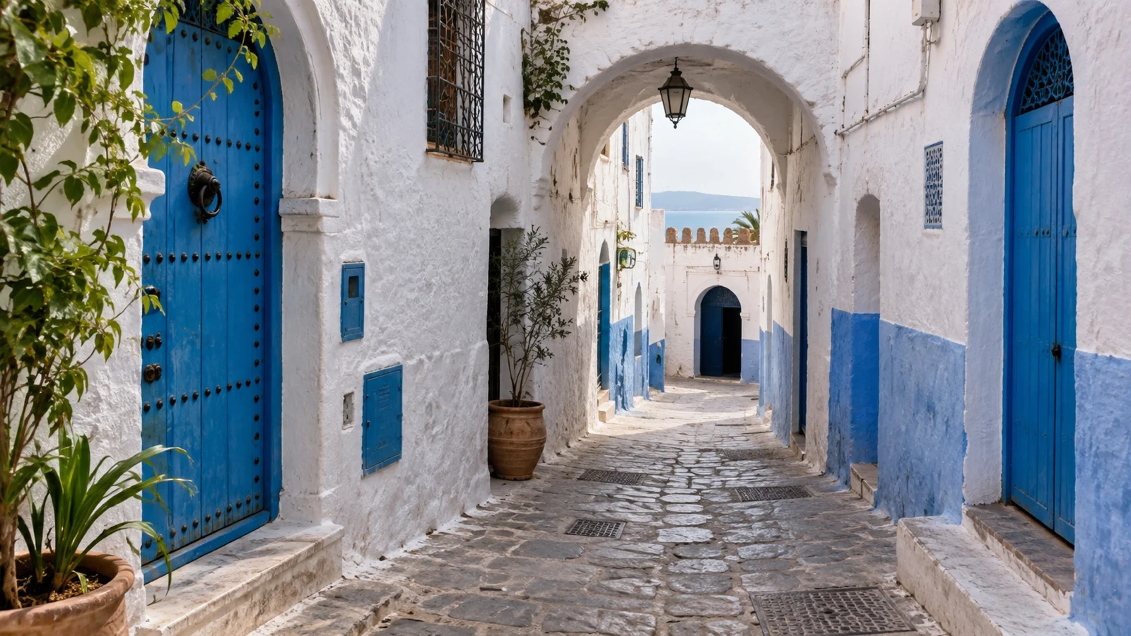 Empty whitewashed lane with blue doors in Tangier medina and kasbah