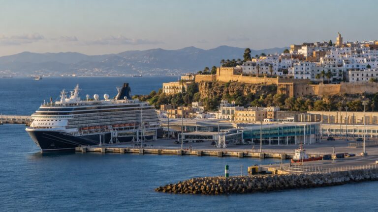 Cruise ship docked below the white hillside buildings of Tangier