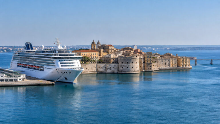Cruise vessel at Taranto Italy port waterfront with Old Town island and blue Ionian Sea, no people