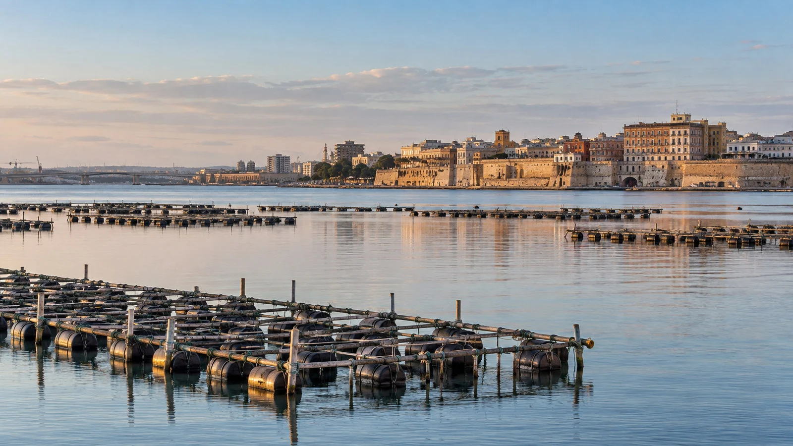 Mar Piccolo lagoon Taranto Italy with traditional mussel cultivation rafts, calm water and city backdrop, no people