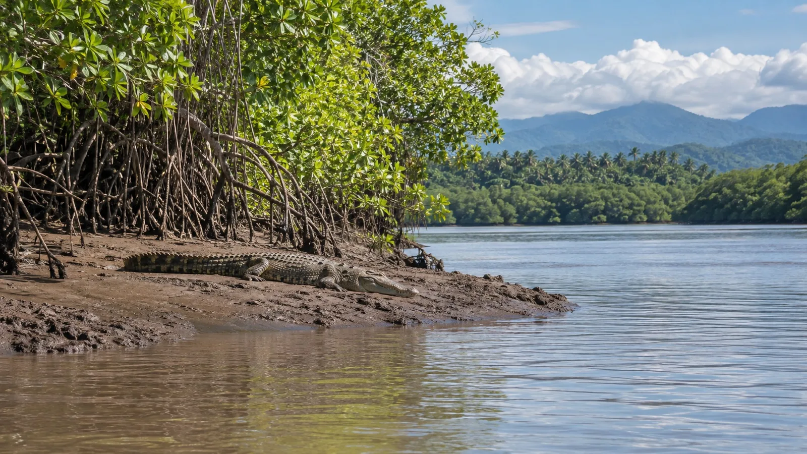 Crocodile on a muddy bank of Costa Rica’s Tárcoles River