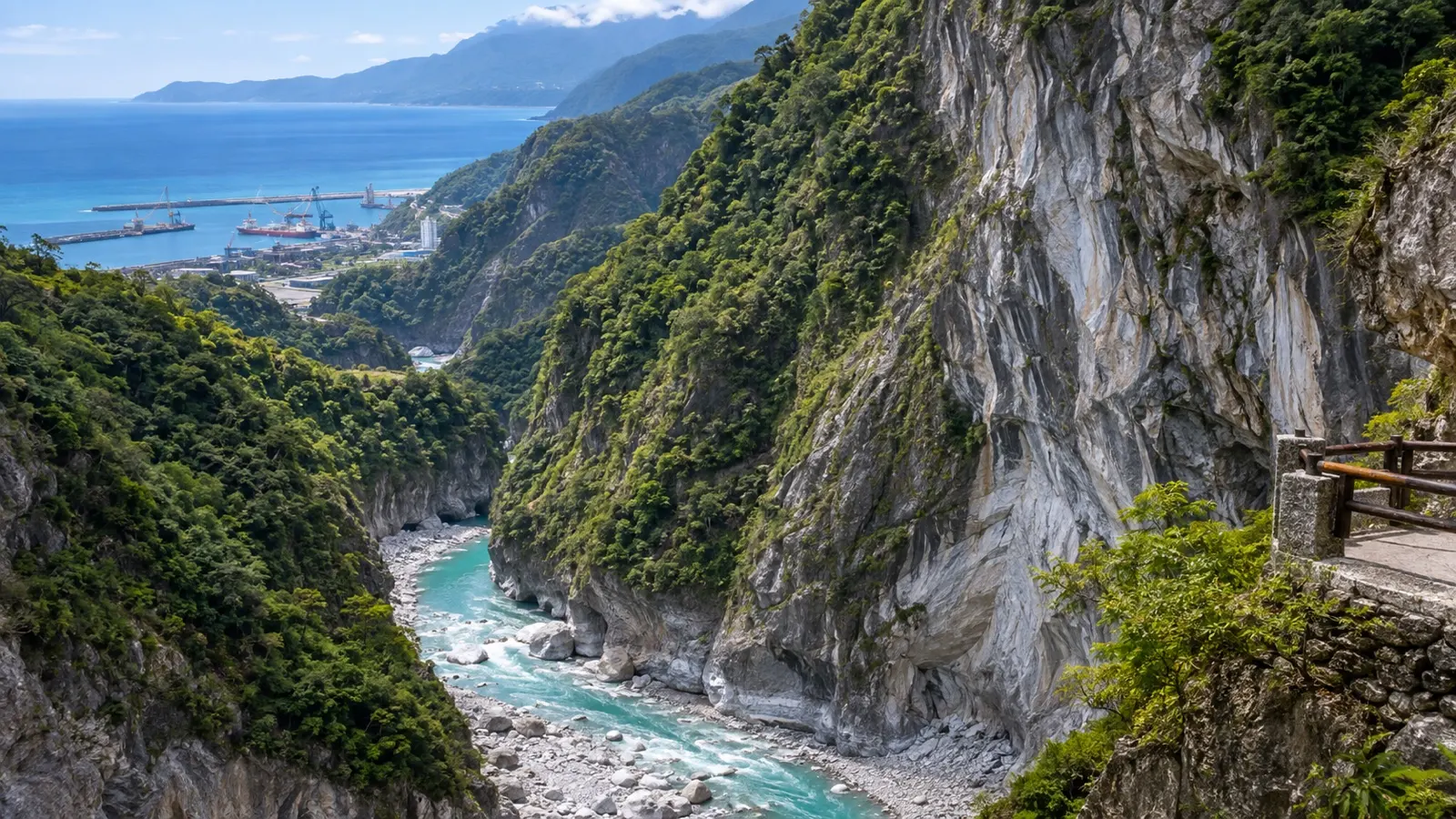 Marble cliffs and turquoise river in Taroko Gorge