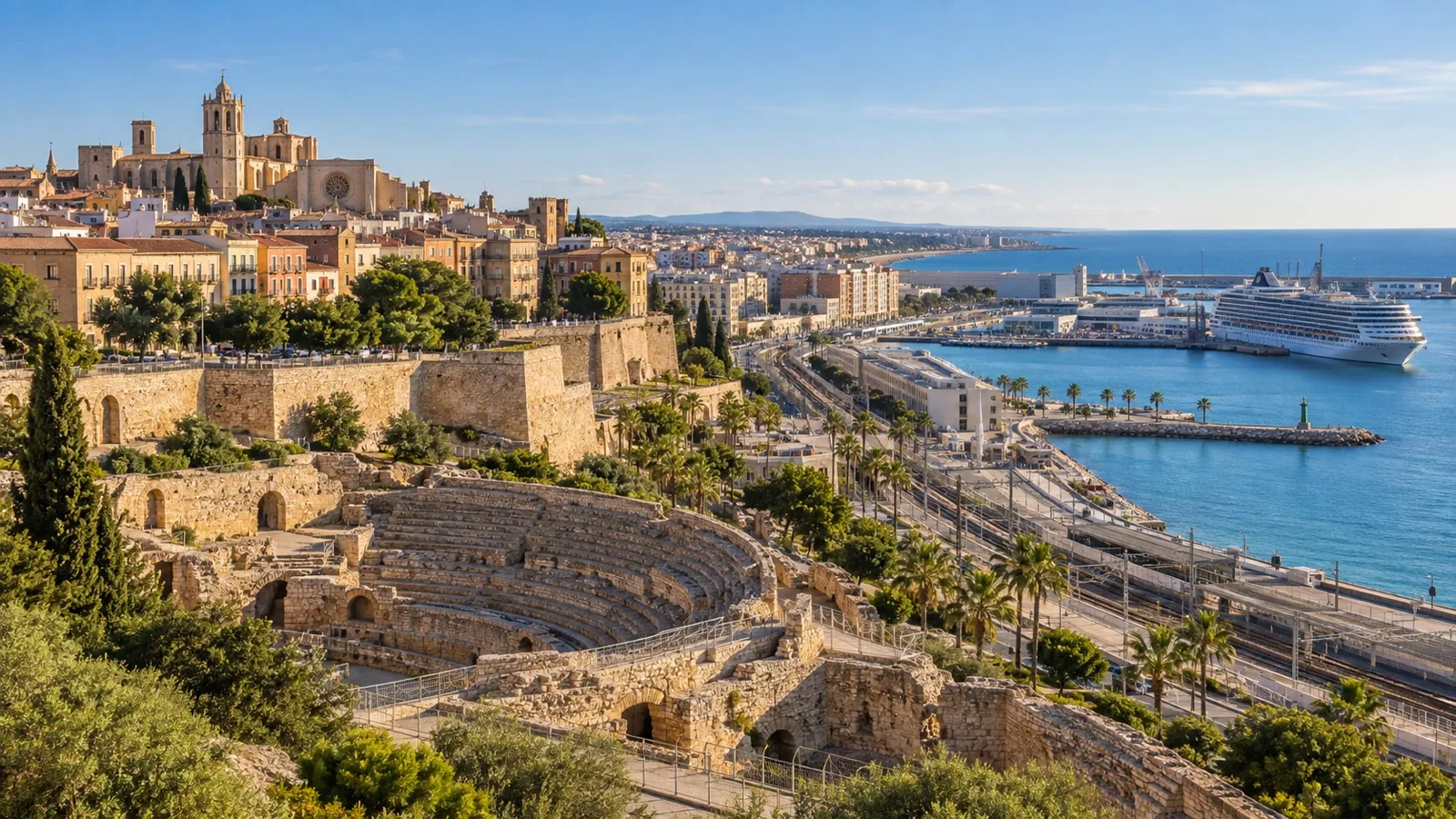 Panoramic Tarragona waterfront showing old town, Roman ruins and cruise harbor
