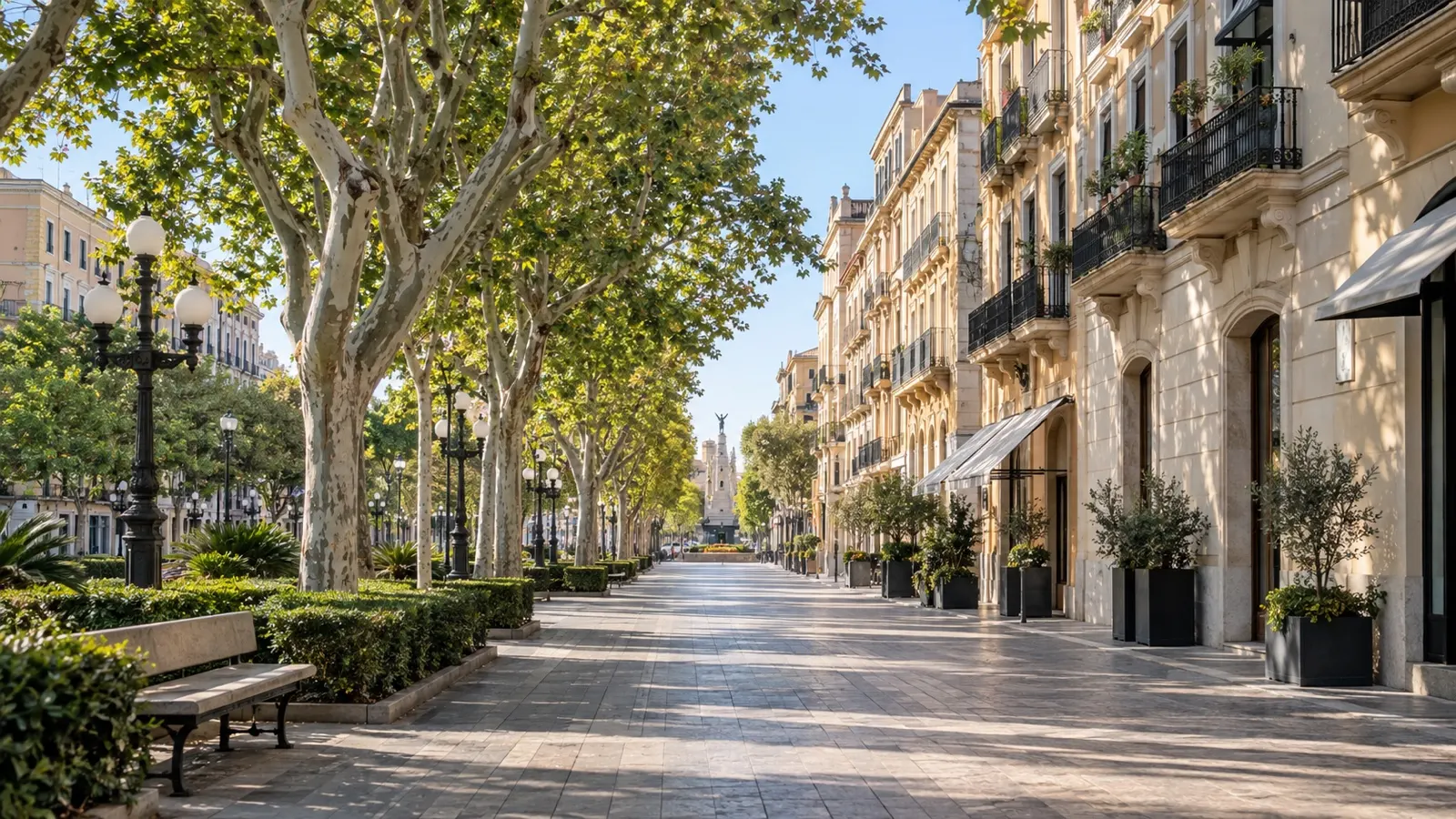 Rambla Nova boulevard in Tarragona with practical small hotels, trees and quiet Catalan streets