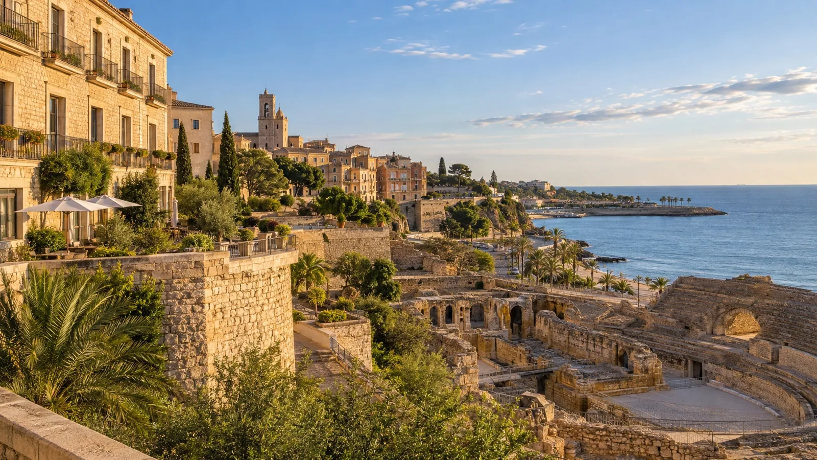 Tarragona old town near the Roman amphitheater with stone hotel buildings overlooking the Mediterranean