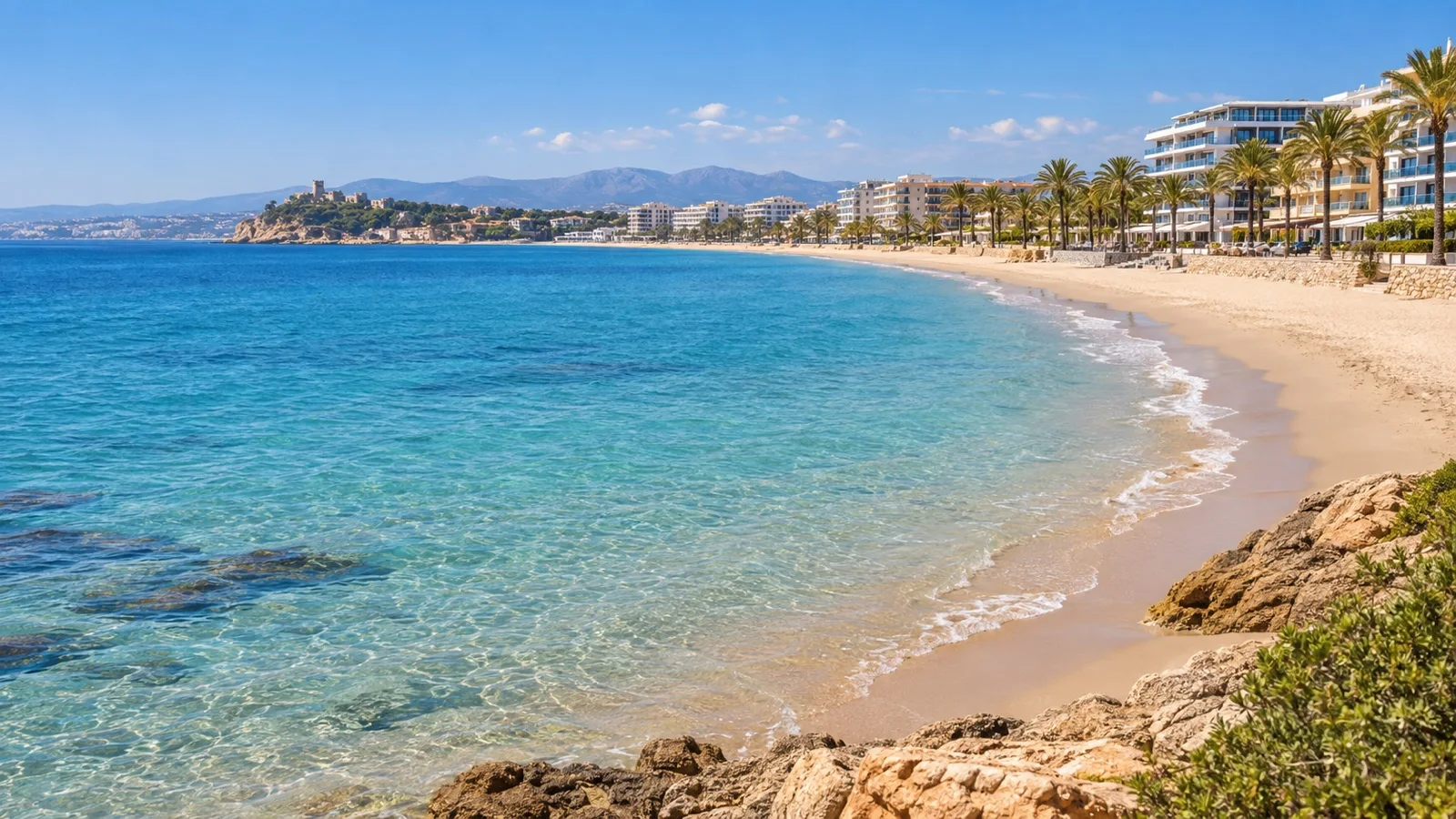 La Pineda and Salou coastline near Tarragona with tasteful beachfront resort hotels and clear Mediterranean water