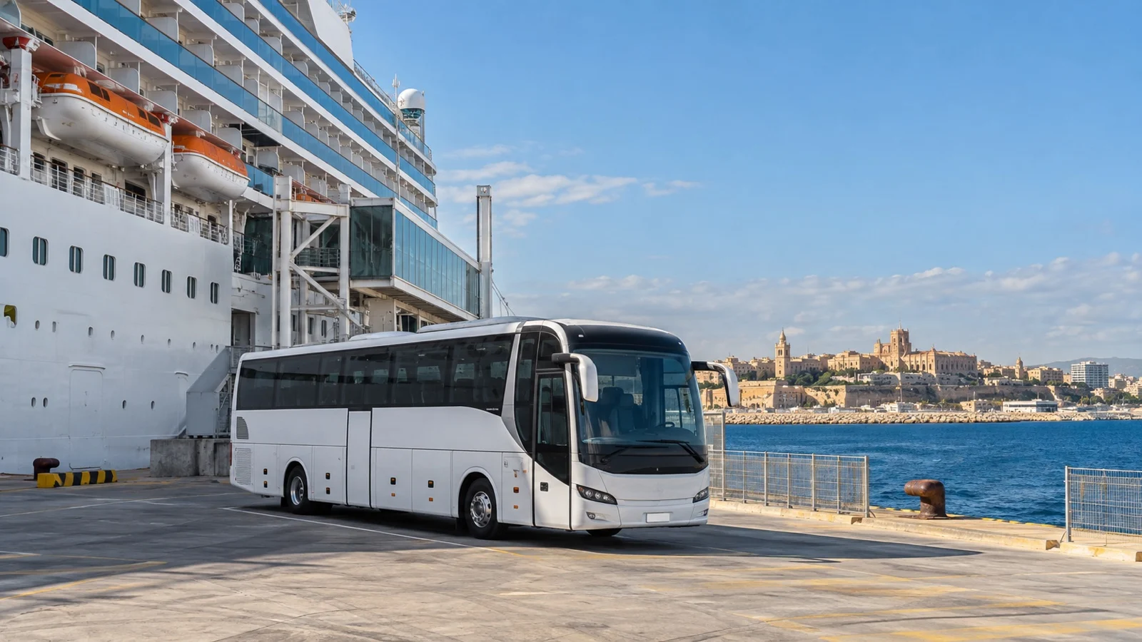 Empty shuttle coach at Tarragona cruise berth