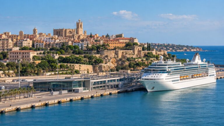 Tarragona cruise port with a white cruise ship docked on the Mediterranean and historic city on the hill