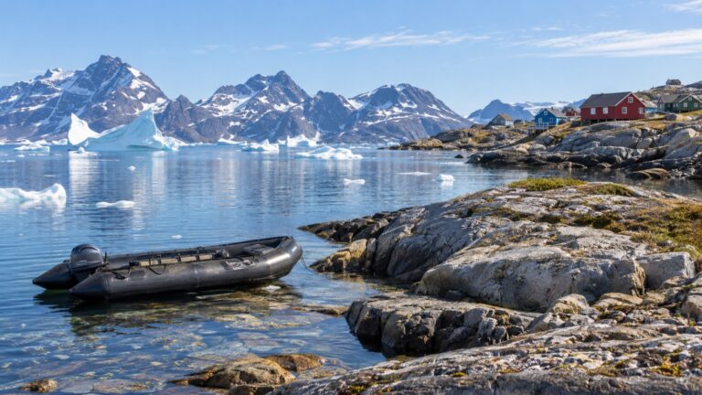 Empty Zodiac by a rocky landing shore near Tasiilaq