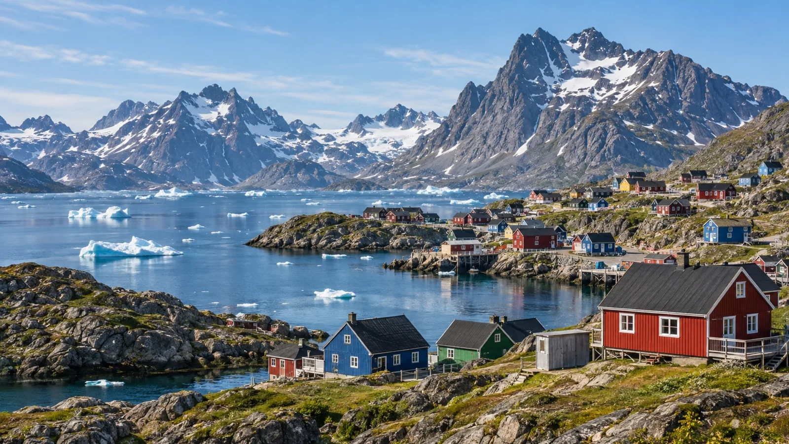 Tasiilaq village and ice-strewn fjord in East Greenland