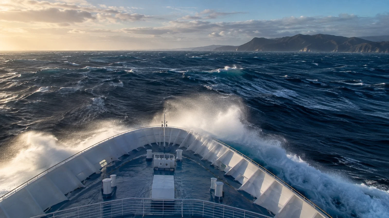 Cruise ship bow cutting through large swell in Tasman Sea