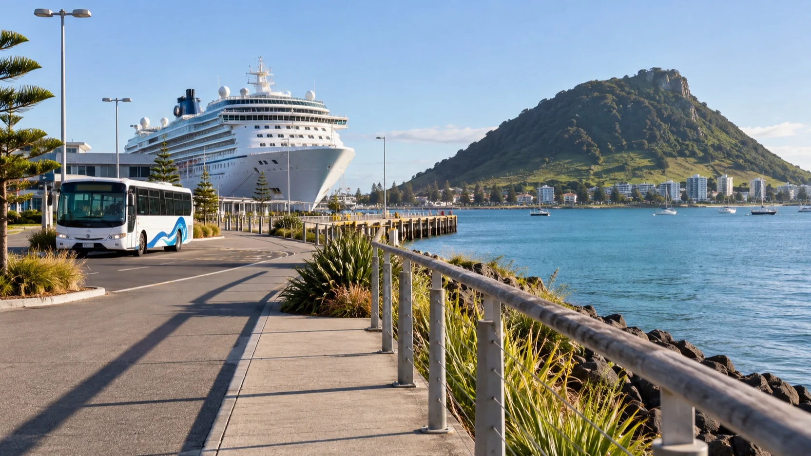 Shuttle bus and path near Tauranga cruise pier below Mount Maunganui