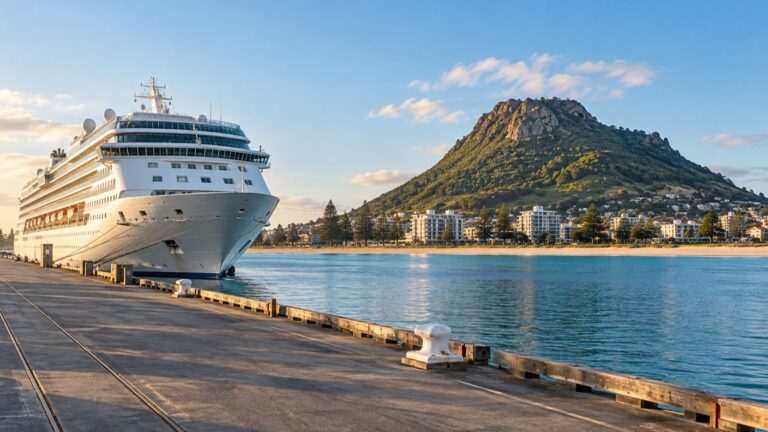 Cruise ship at Tauranga wharf below Mount Maunganui