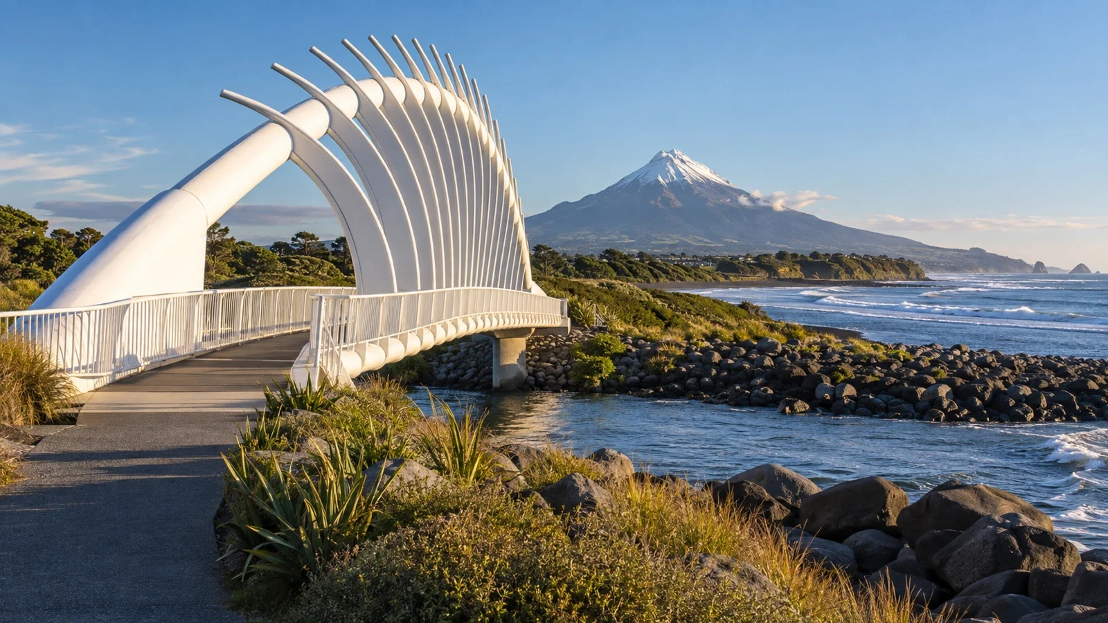 Te Rewa Rewa Bridge with Taranaki Maunga beyond
