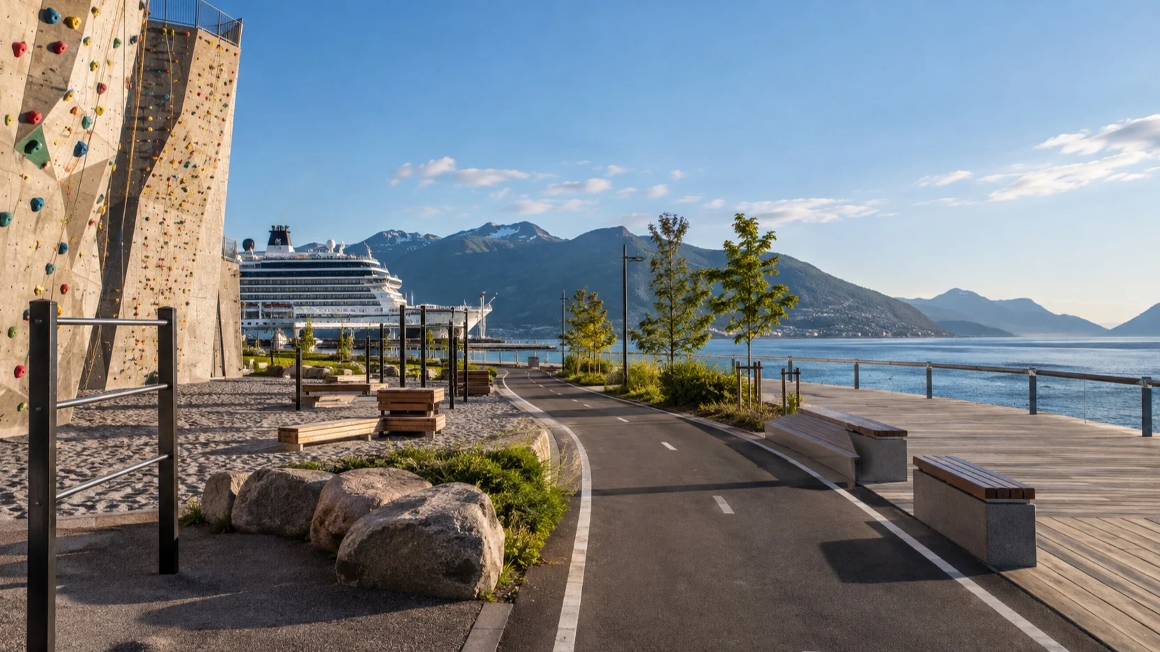 Coastal cycle path and climbing wall near a cruise port