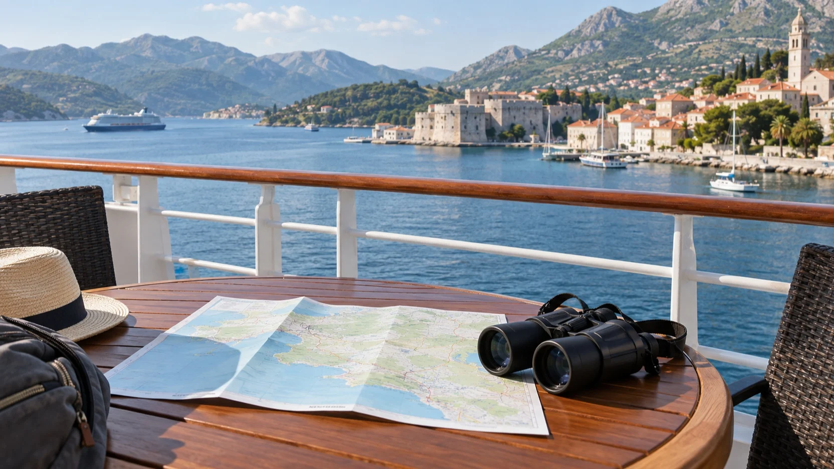Map and binoculars on a cruise ship table overlooking port
