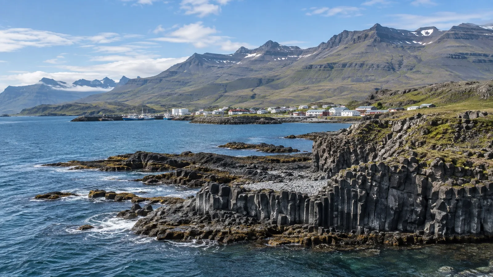Rocky Teigarhorn coast and Eastfjords mountains near Djúpivogur