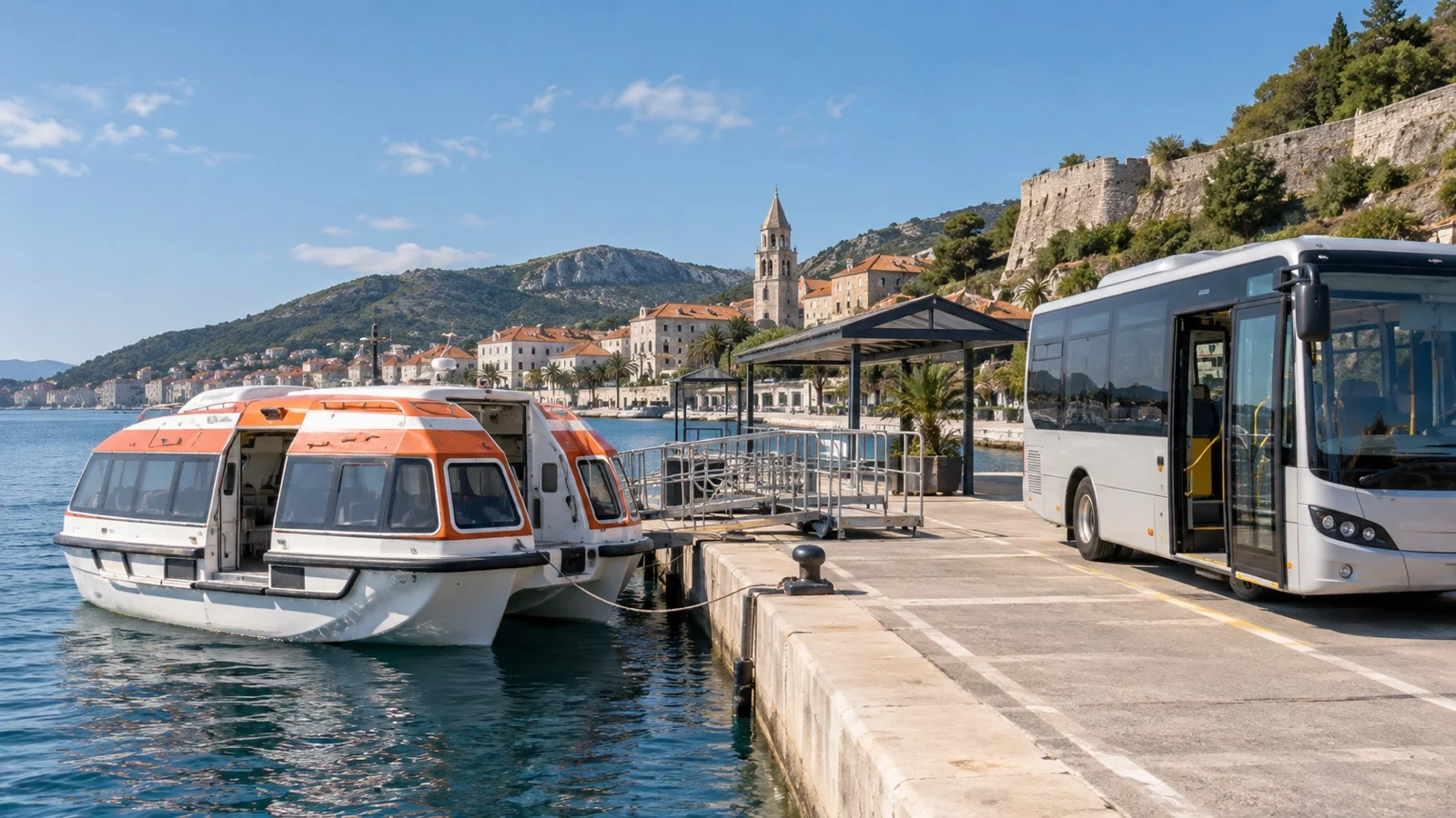 Empty tender boat at pier beside a waiting port shuttle bus