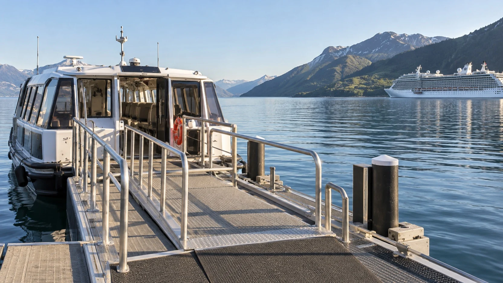 Water shuttle beside a tender dock with ramp and handrails