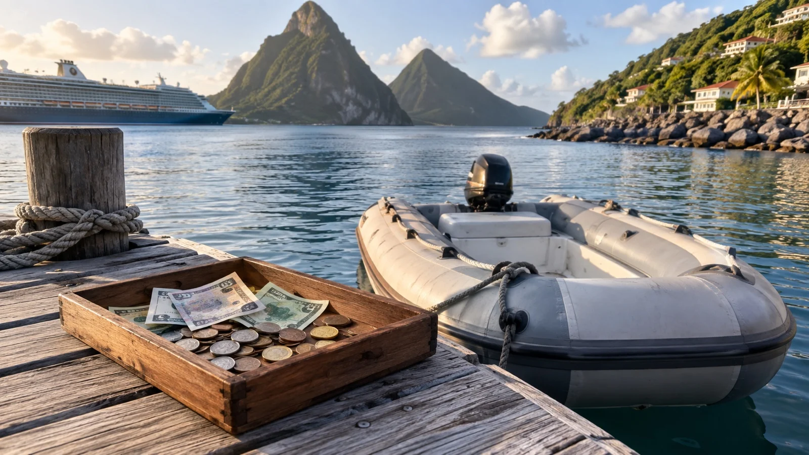Small coins and cash in a wooden tray beside an empty tender boat at a cruise pier
