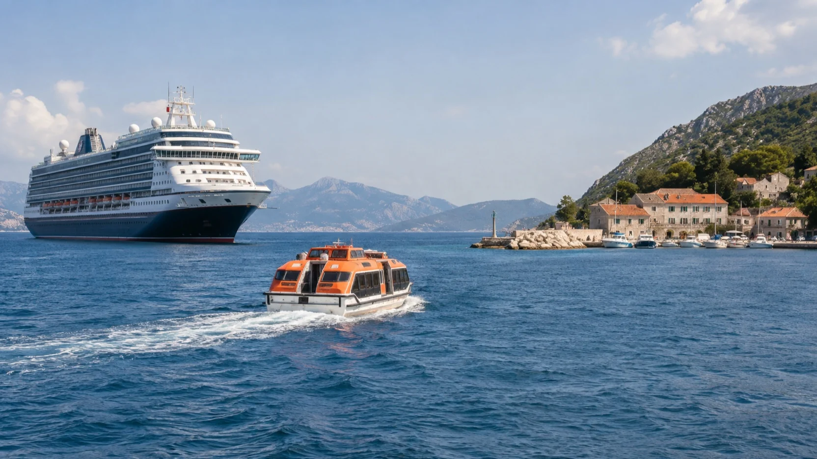 Tender boat crossing from an anchored cruise ship toward shore