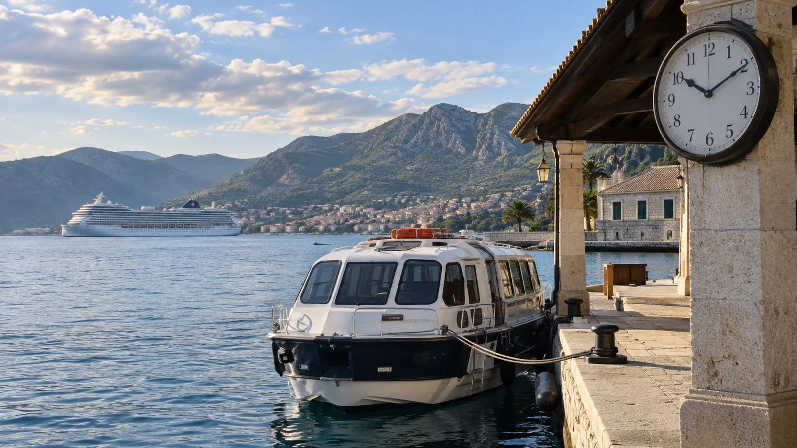 Empty tender boat tied to a pier beneath an analog clock at a cruise port