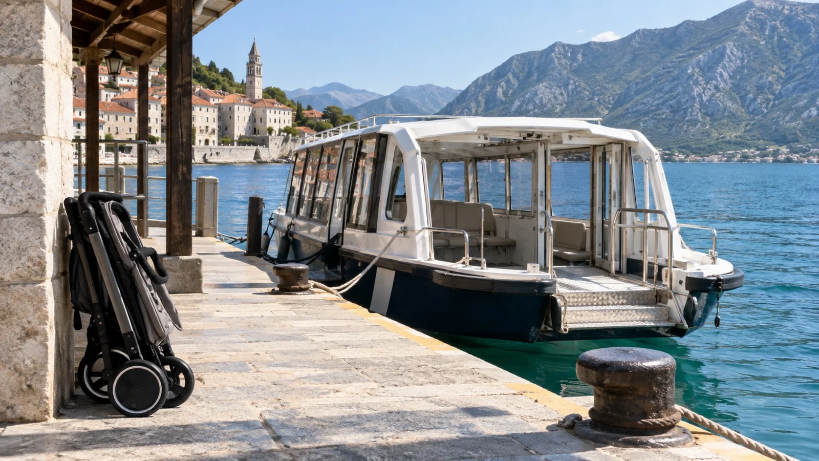 Folded stroller beside an empty cruise tender boat at a sheltered pier