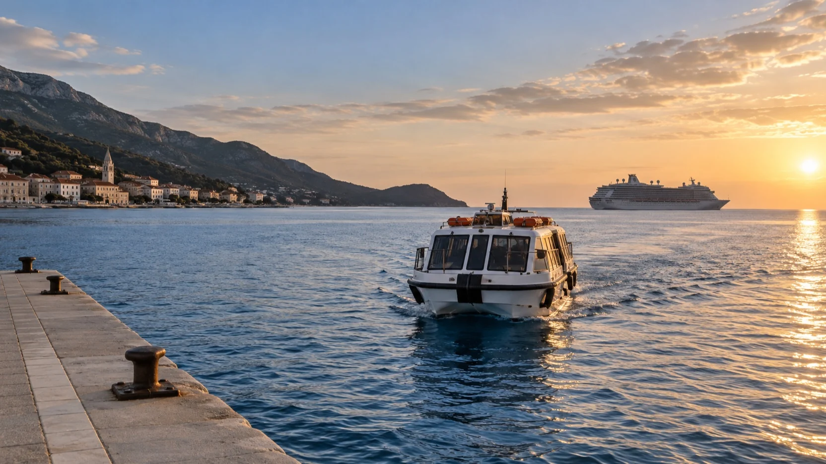 Tender returning toward a cruise ship from an empty harbor dock