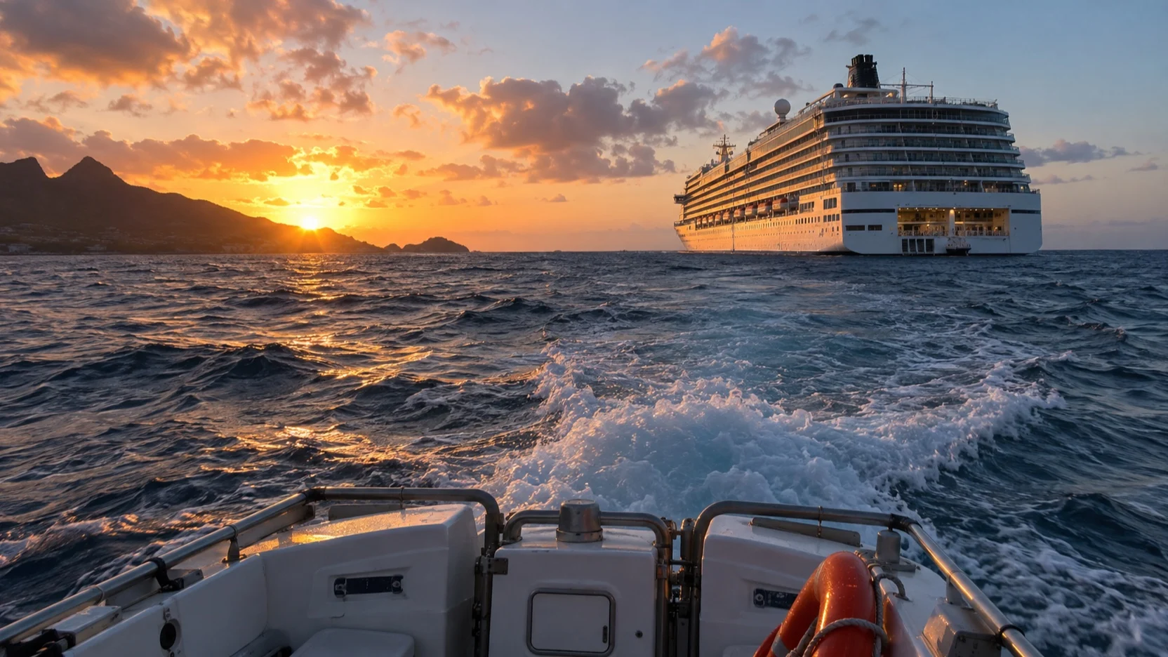 Tender boat returning toward a cruise ship at sunset after rough seas