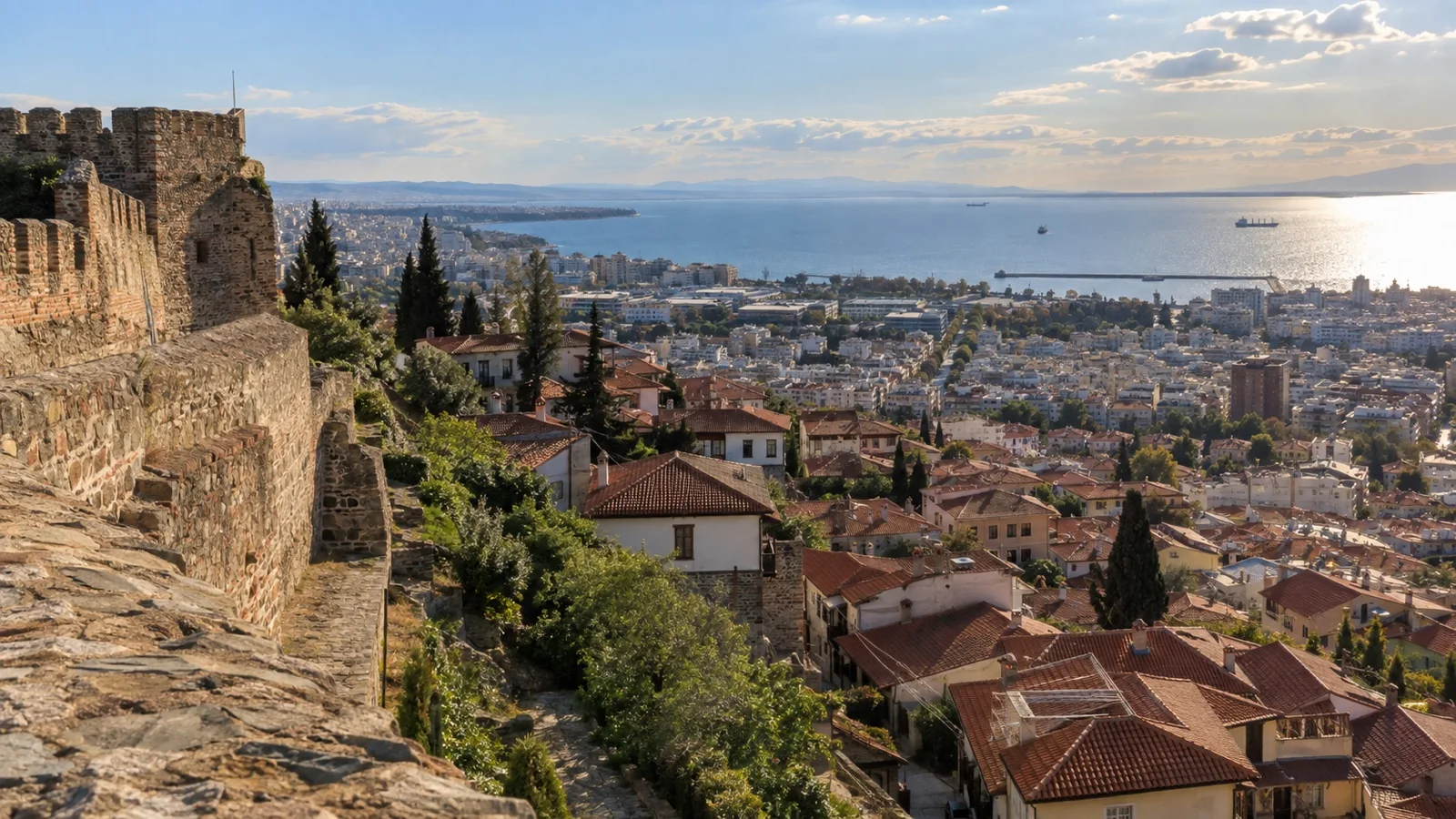 View from Ano Poli city walls over Thessaloniki rooftops and the gulf