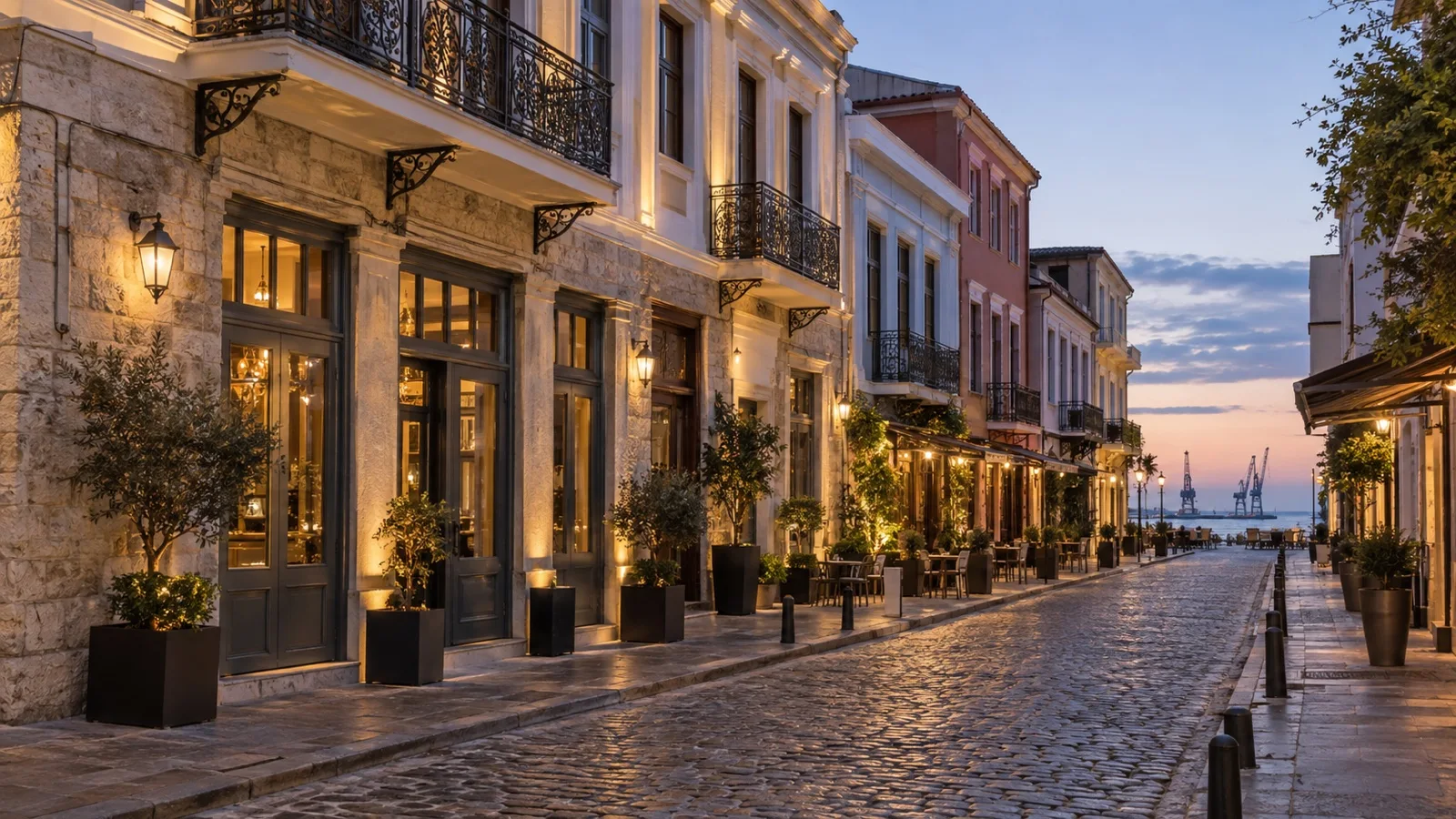 Ladadika district of Thessaloniki with restored neoclassical boutique hotels and cobblestone streets