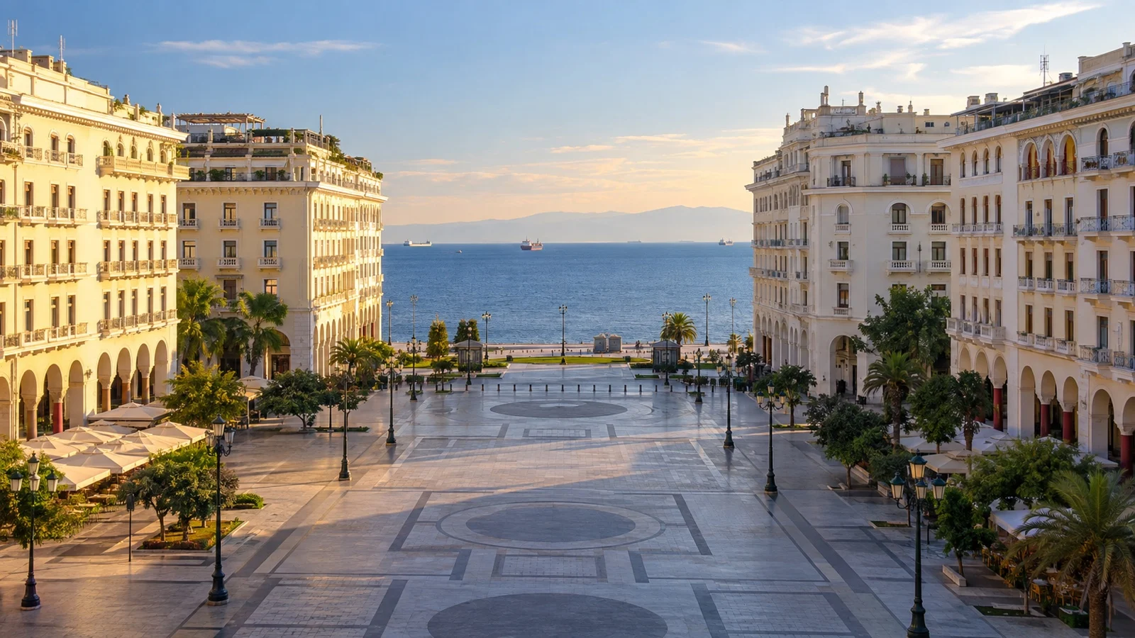 Aristotelous Square in Thessaloniki with grand arcaded hotel buildings opening toward the sea