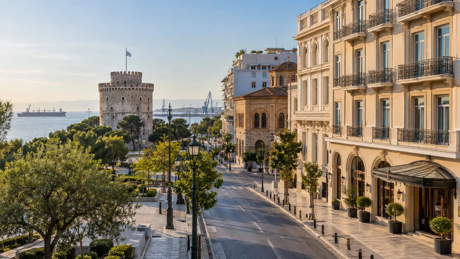 Western Thessaloniki center near the port with practical city hotel facades and historic buildings