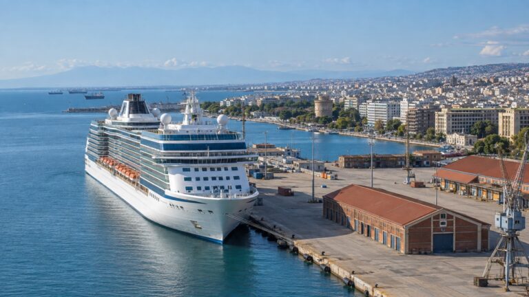 Cruise ship docked at Thessaloniki port beside the city and Thermaic Gulf