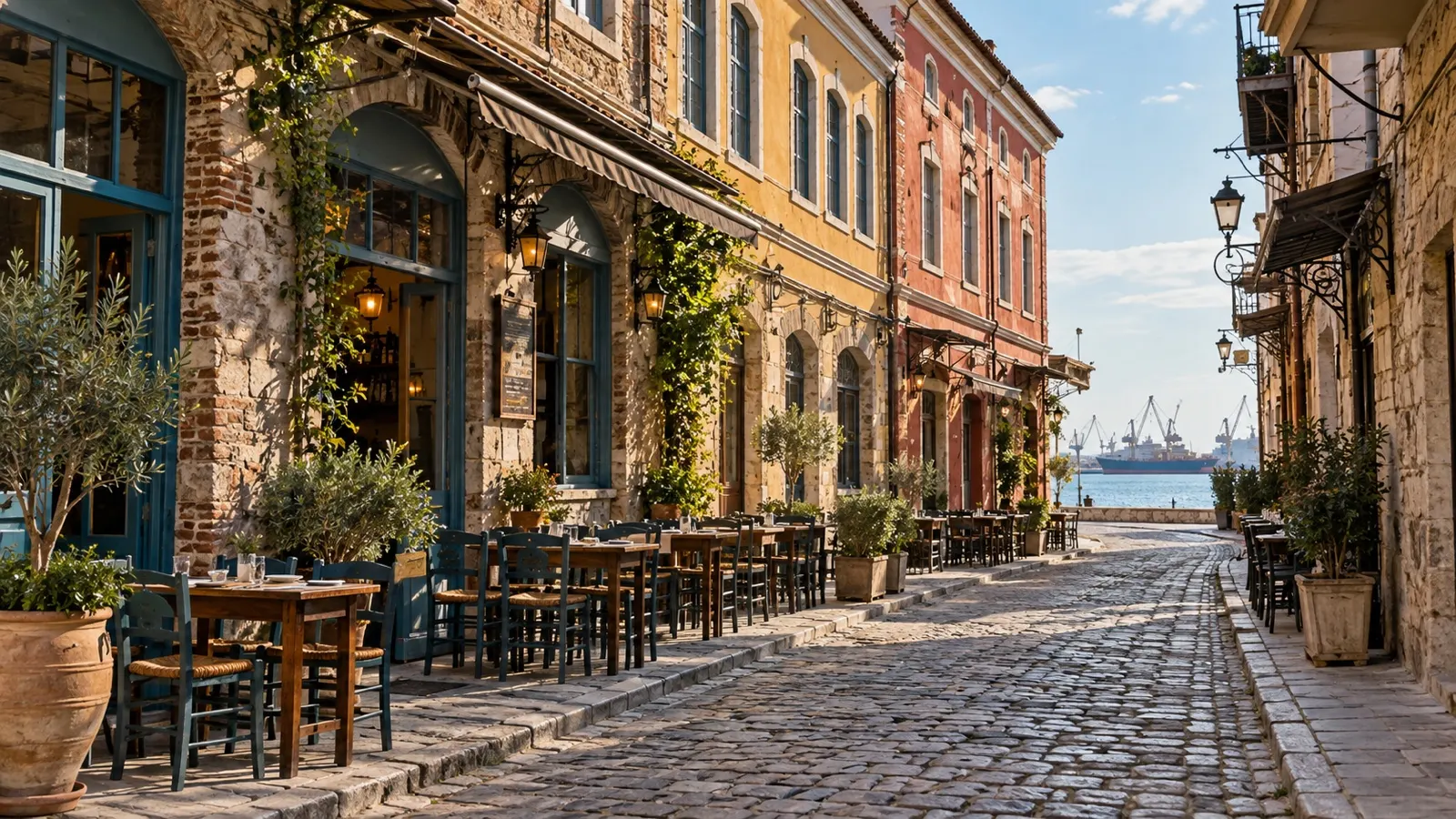 Empty cobblestone street and tavernas in Thessaloniki Ladadika