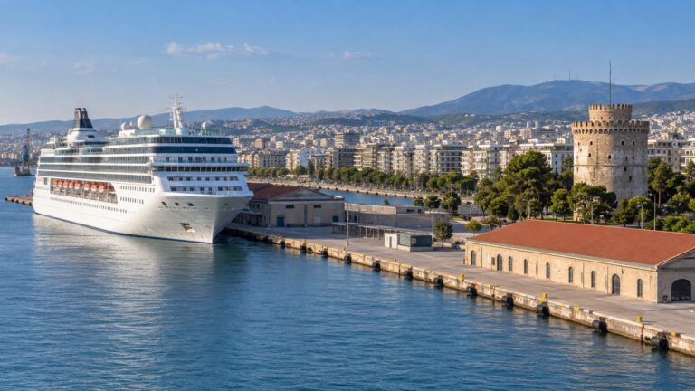 Thessaloniki cruise port with a white cruise ship docked beside the northern Greek city waterfront