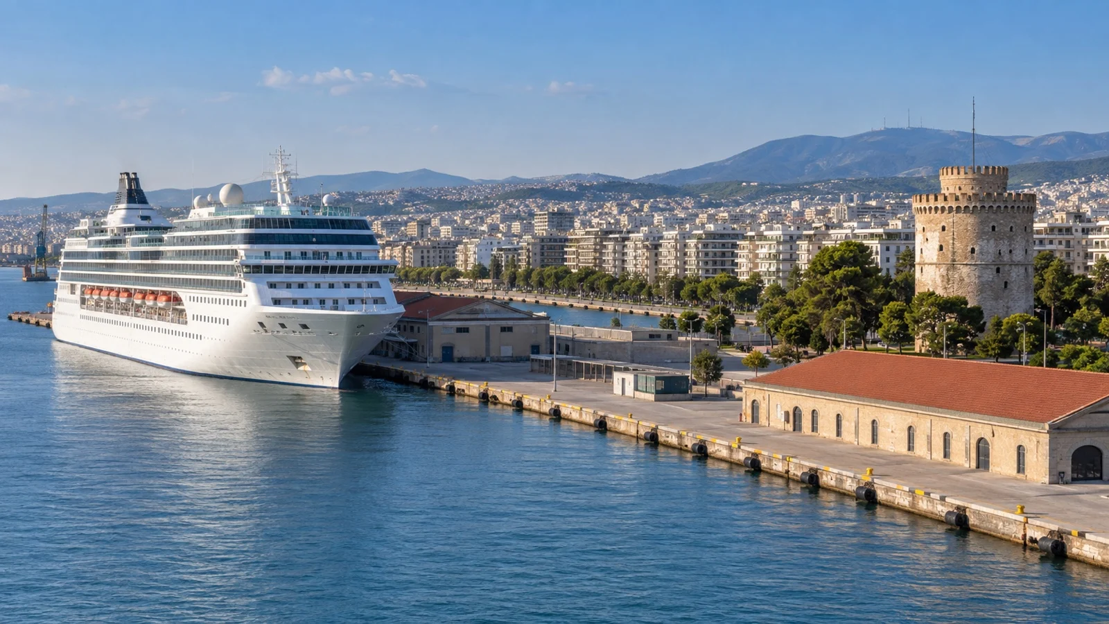 Thessaloniki cruise port with a white cruise ship docked beside the northern Greek city waterfront