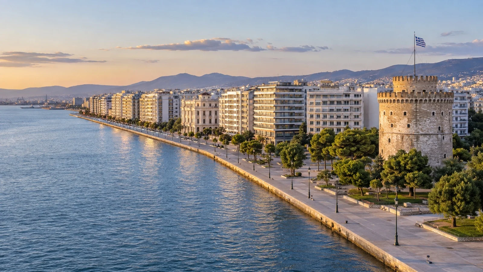 White Tower and eastern Thessaloniki waterfront with seaside hotels and the Thermaic Gulf