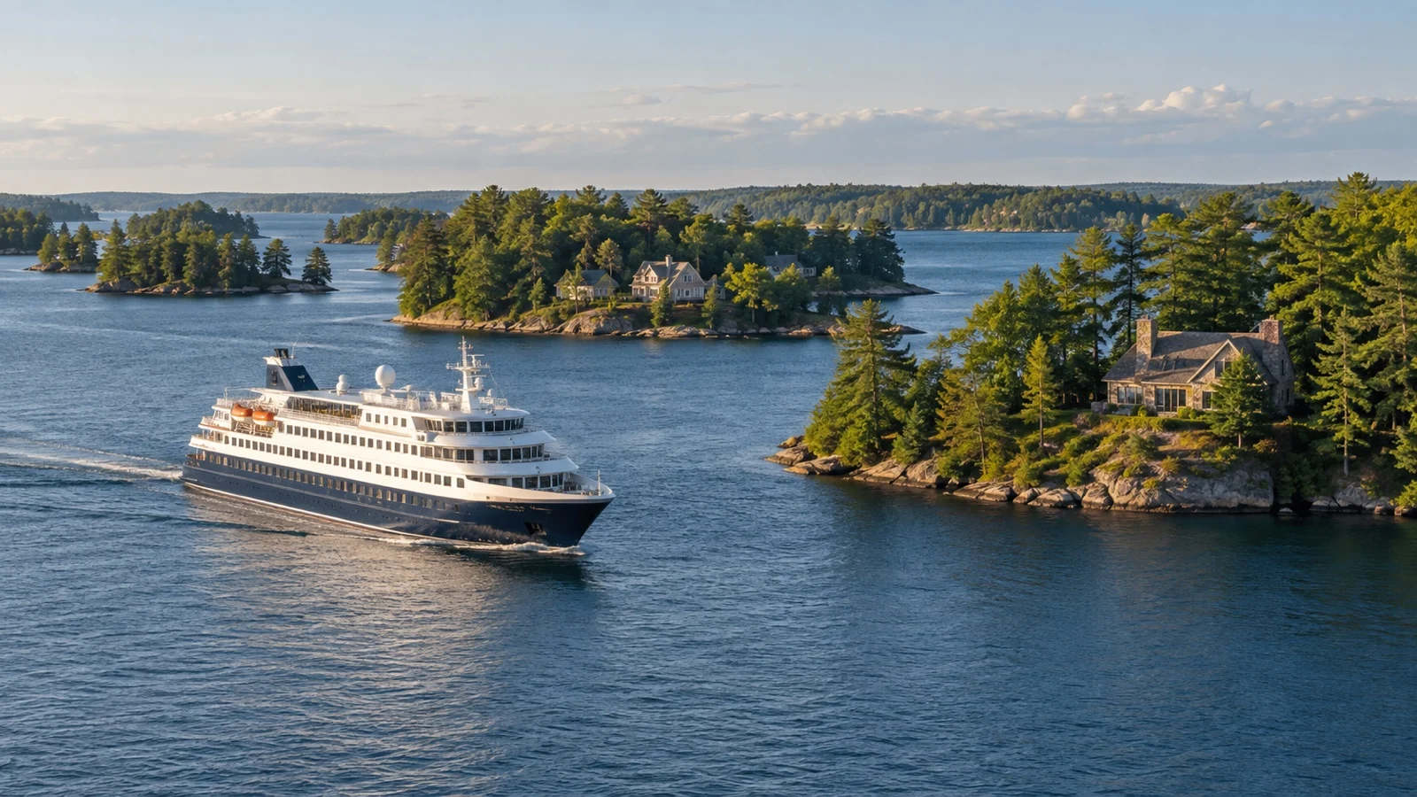 Small cruise ship among St Lawrence Thousand Islands