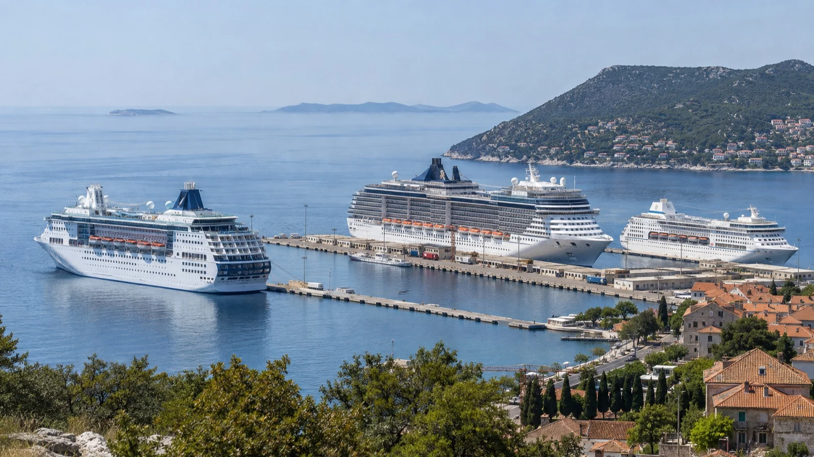 Three cruise ships at one compact port as seen from a quiet overlook
