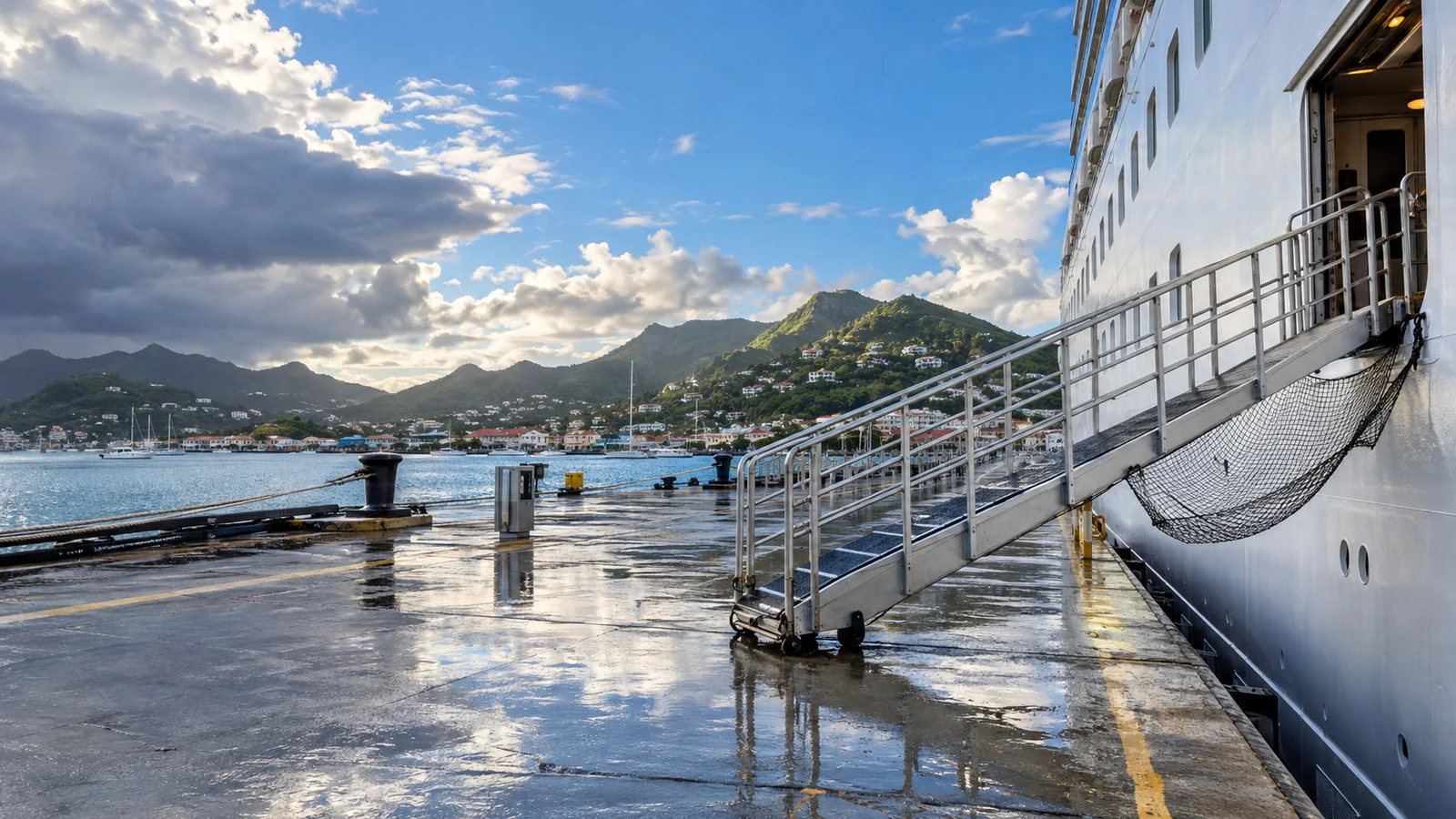Cruise port under clearing blue sky with wet gangway after a lightning hold