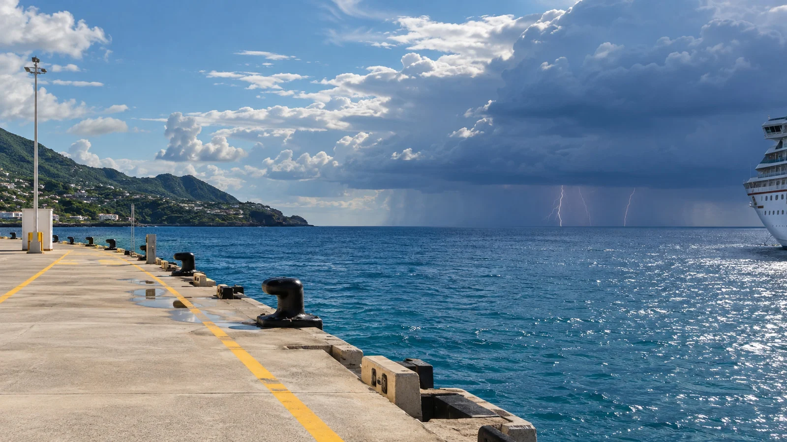 Distant lightning over sea beyond an empty cruise pier