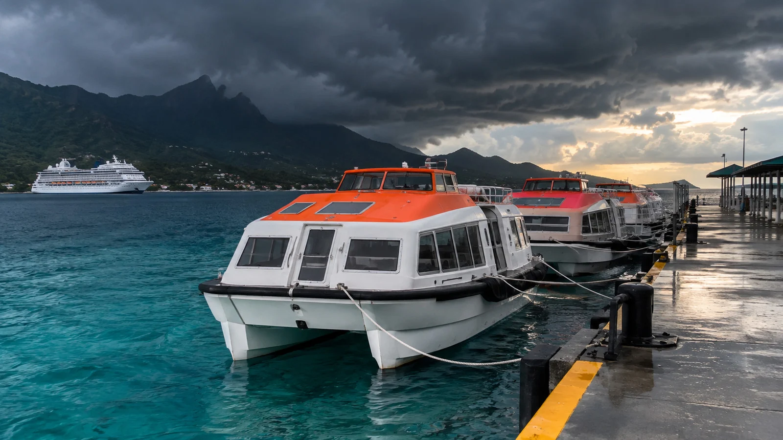 Tender boats tied to a pier beneath dark storm clouds
