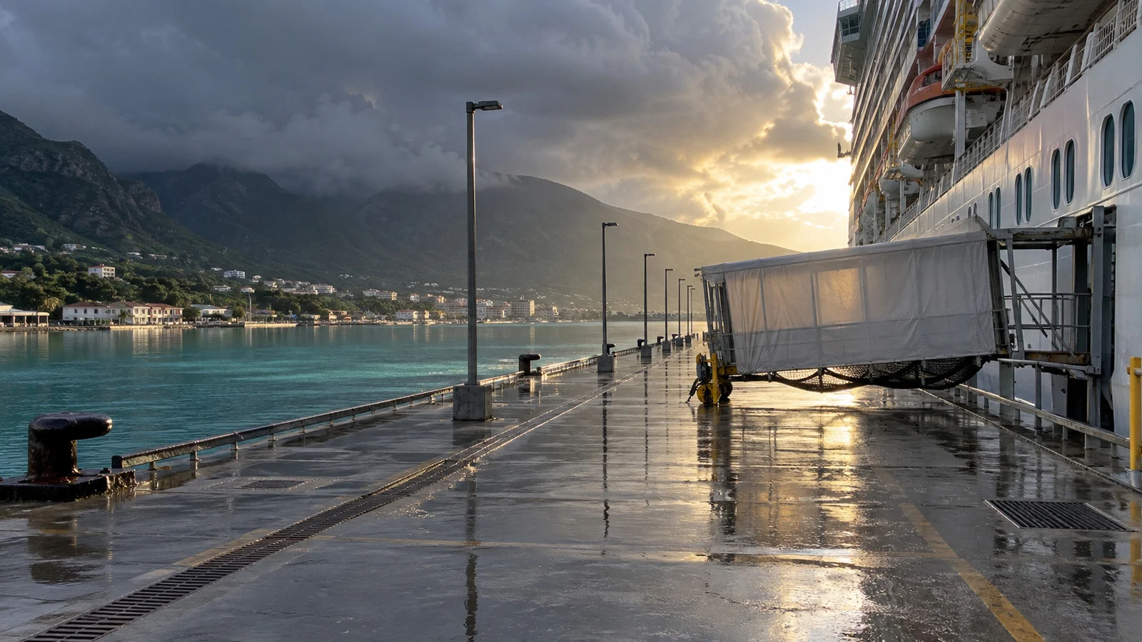 Wet empty terminal walkway beside a moored cruise ship after a thunderstorm